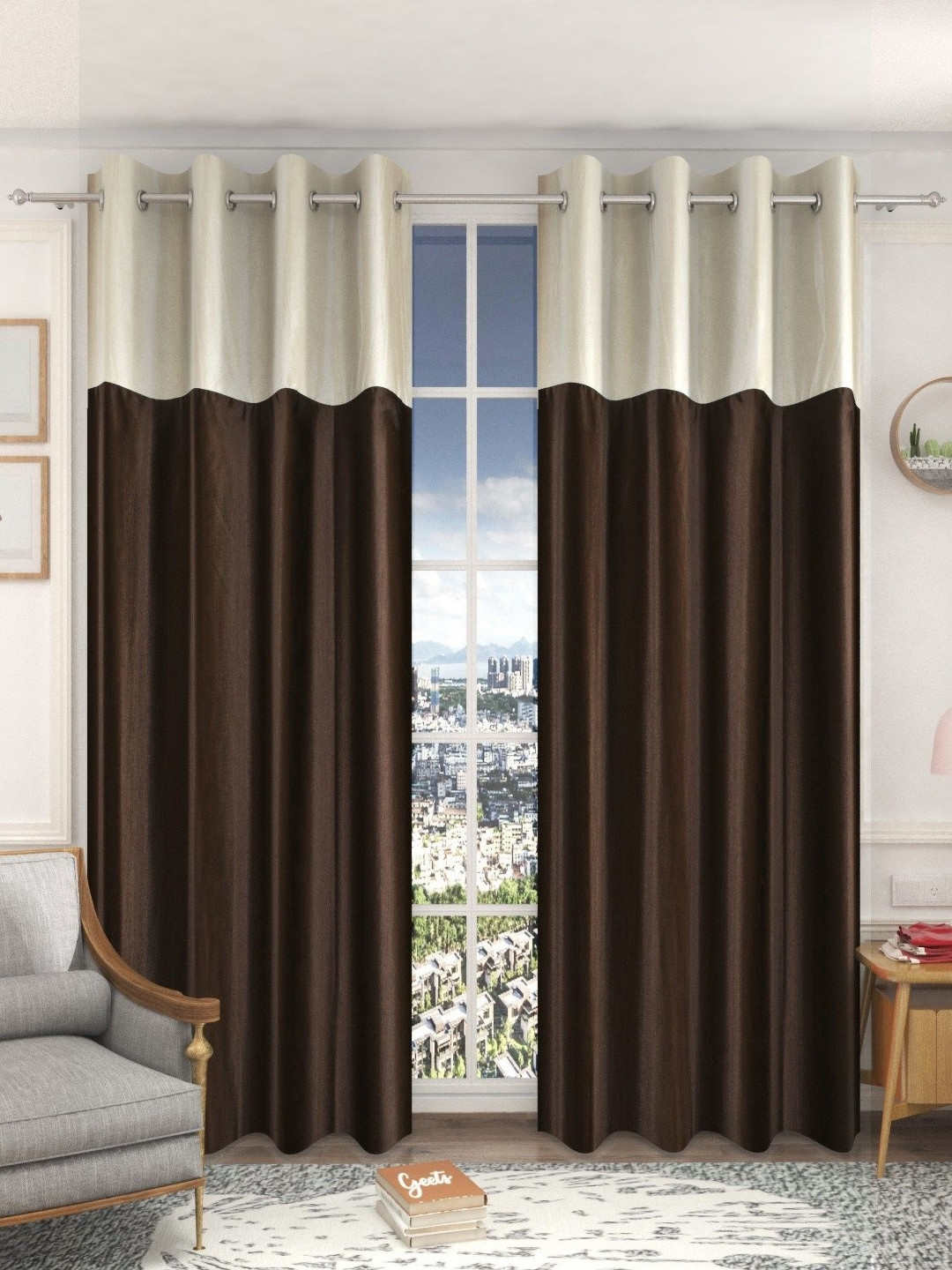 Galaxy Home Decor Brown & Cream 2 Pieces Light Blocking Window Curtains
