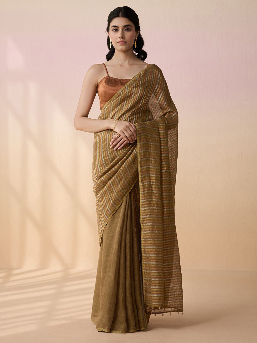 Dressfolk Linen Olive Green Saree With Blouse Piece