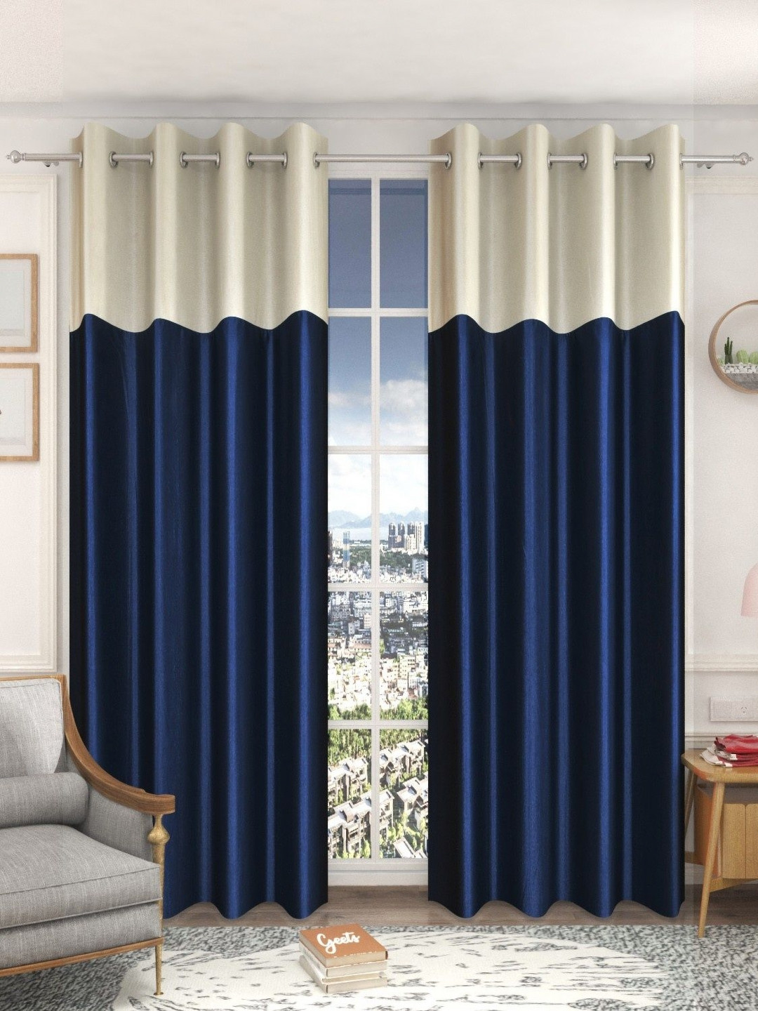 Galaxy Home Decor Navy Blue & Cream 2 Pieces Light Blocking Window Curtains