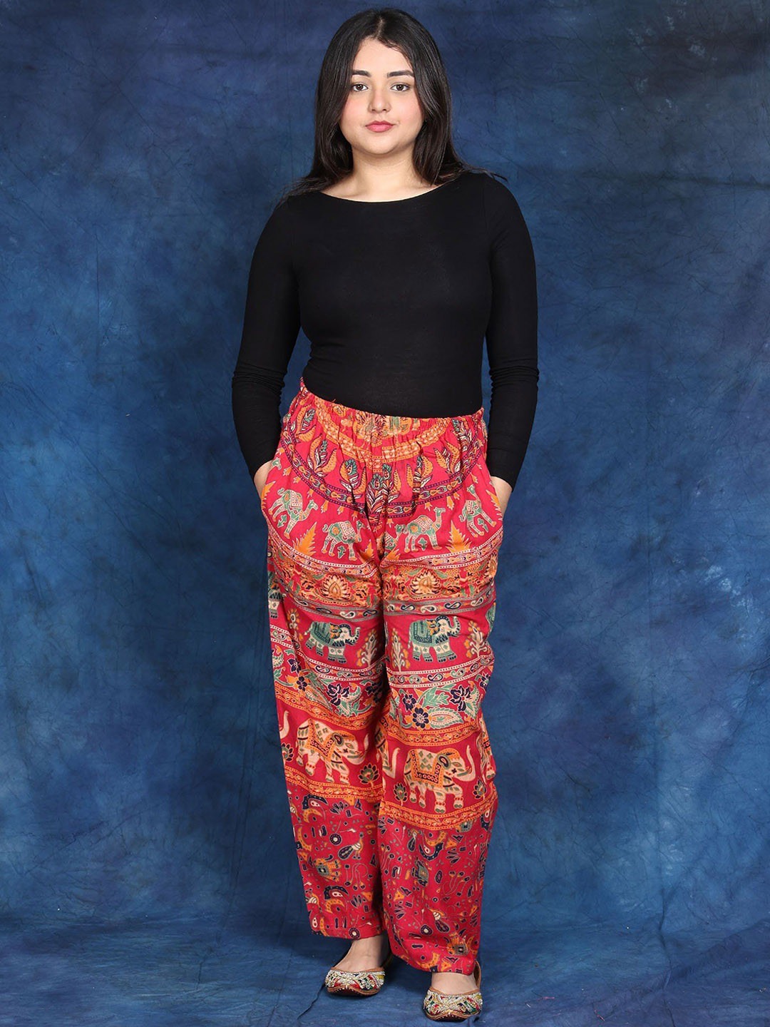 Exotic India Women Animal Printed Casual Trousers from Pilkhuwa with Printed Elephants