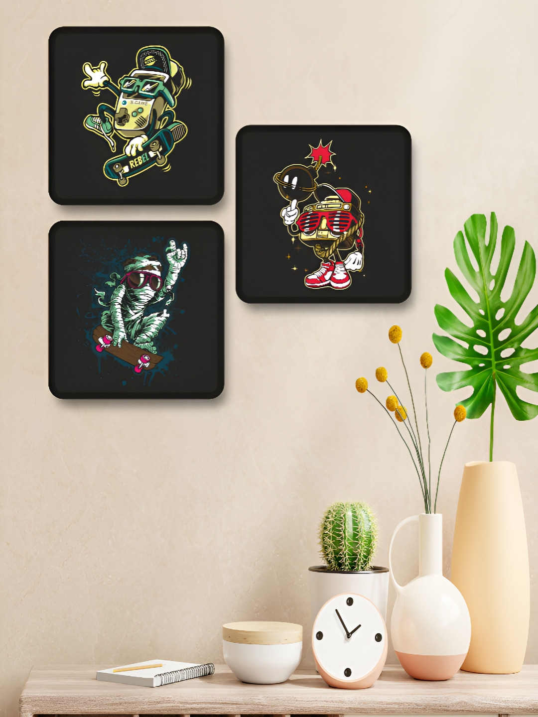 SAF Black & Blue 3 Piece Wood Cartoon Characters Wall Art