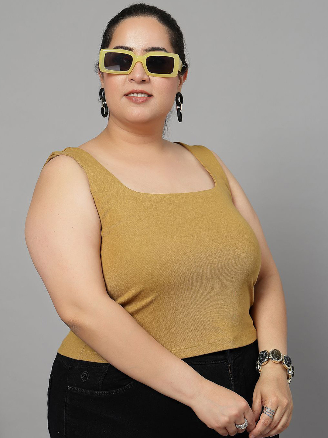 CURVE BY KASSUALLY Plus Size Women Solid Square Neck Cotton Tank Regular Top