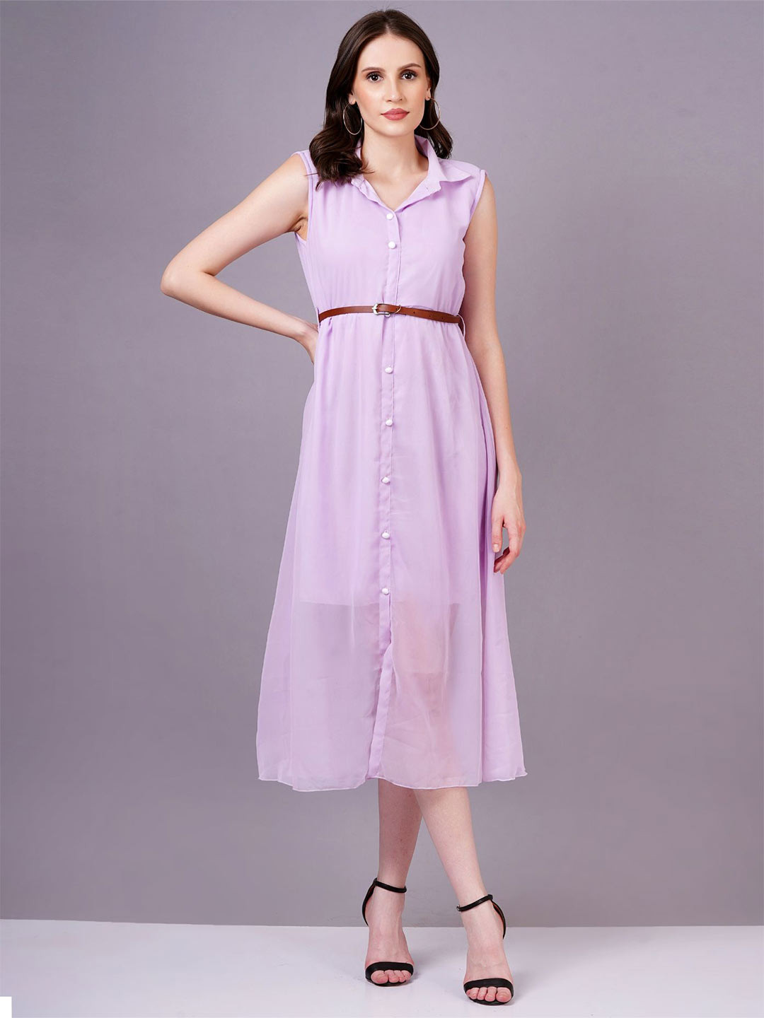 OH MI DIOS Women Shirt Collar Sleeveless Shirt Midi Dress Comes with a belt