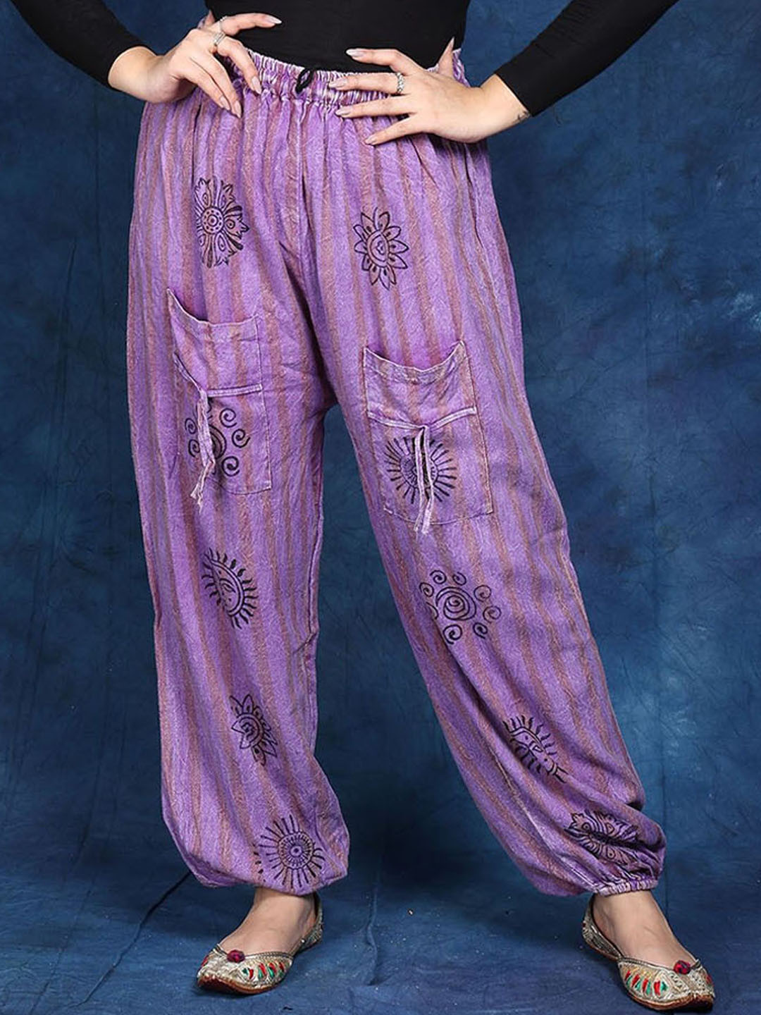 Exotic India Women Printed Hindu Symbols Yoga Trouser with Front Pockets