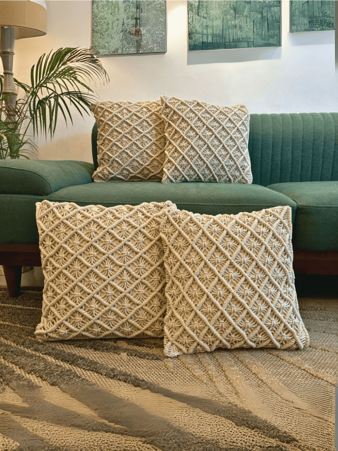 LUSHLYF Off White 4 Pieces Geometric Macrame Textured Cotton Square Cushion Covers