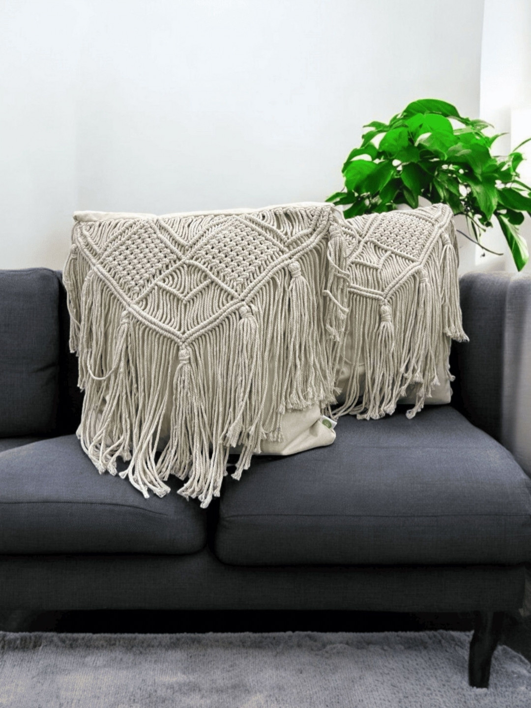 LUSHLYF Macrame Off White 2 Pieces Ethnic Motifs Embroidered Cotton Square Cushion Covers