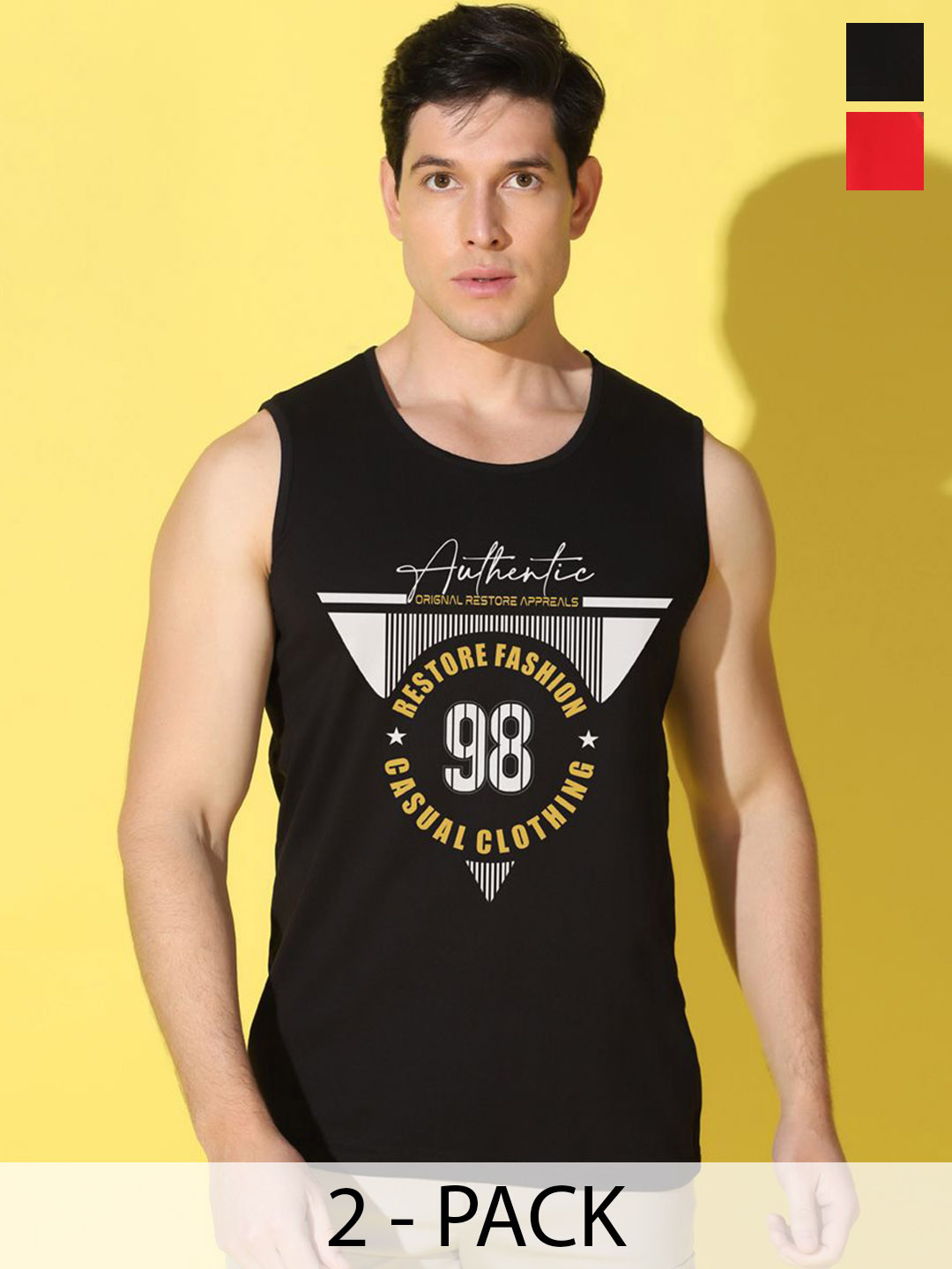 WOOSTRO Men Pack Of 2 Printed Scoop Neck Gym Vests VWS26(98 BLACK)(HARD RED)