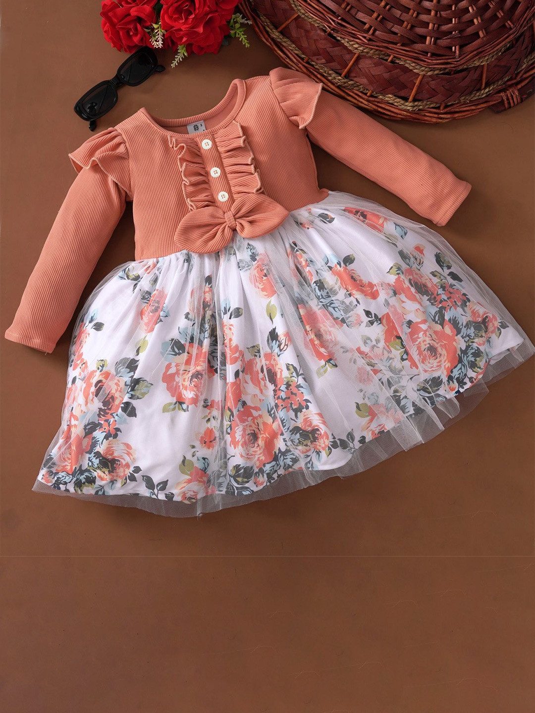 Flora Floral Print Bow Round Neck Long Sleeves A-Line Midi Dress