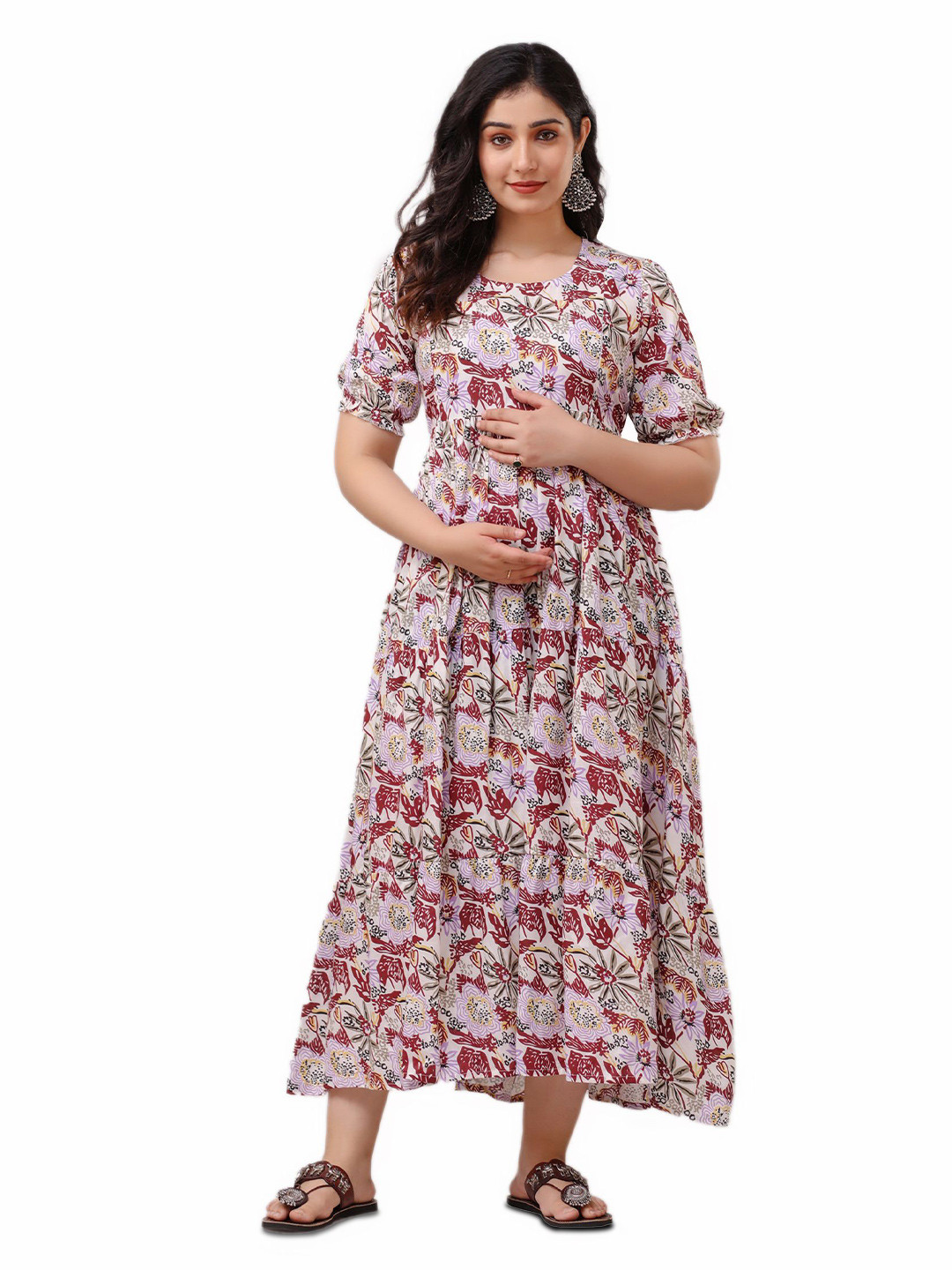 DEVEKWomen Floral Printed Puff Sleeve Tiered Maternity Fit & Flare Maxi Dress