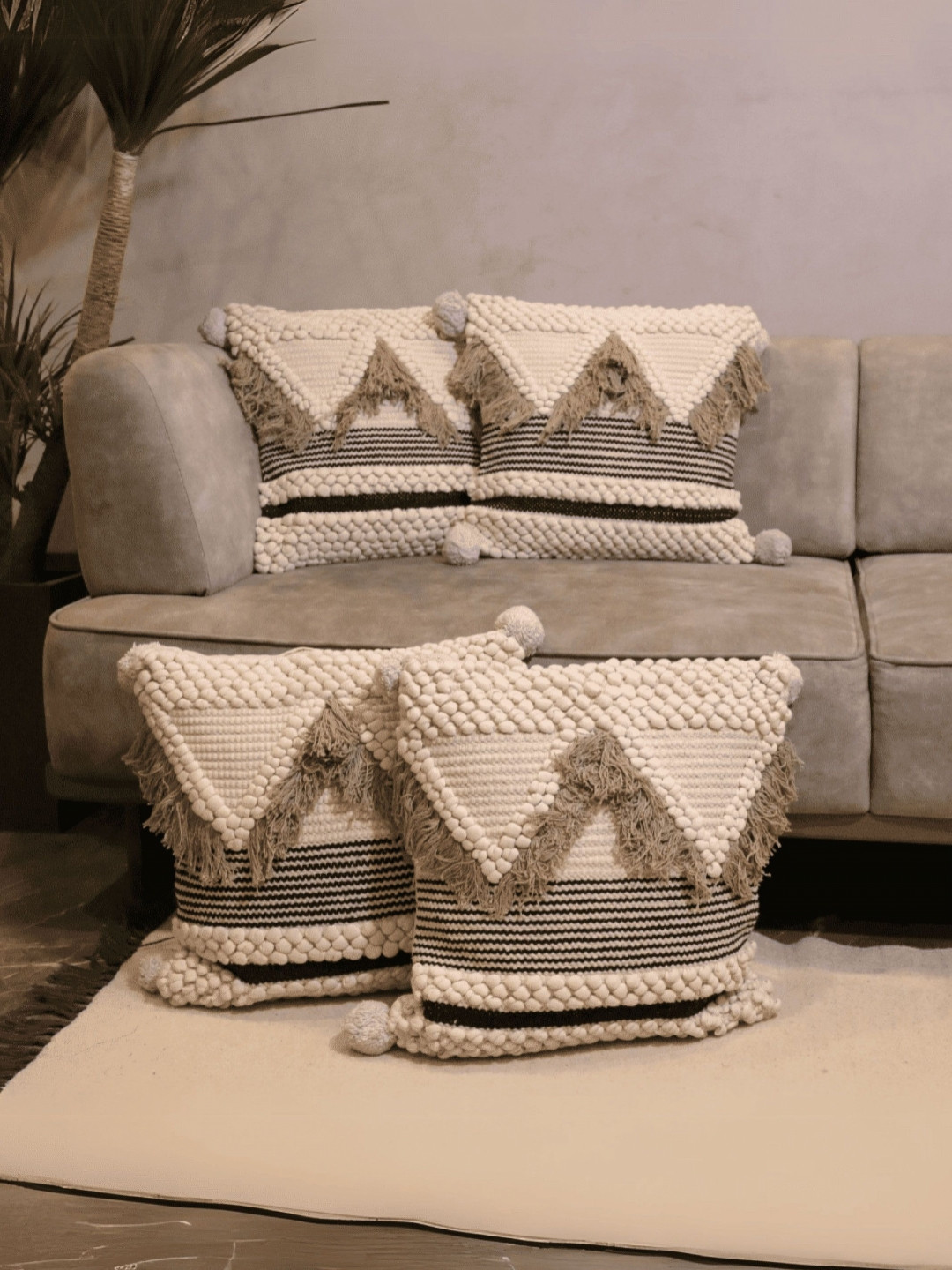 LUSHLYF Macrame Off White & Brown Geometric Embroidered Cotton Square Cushion Cover