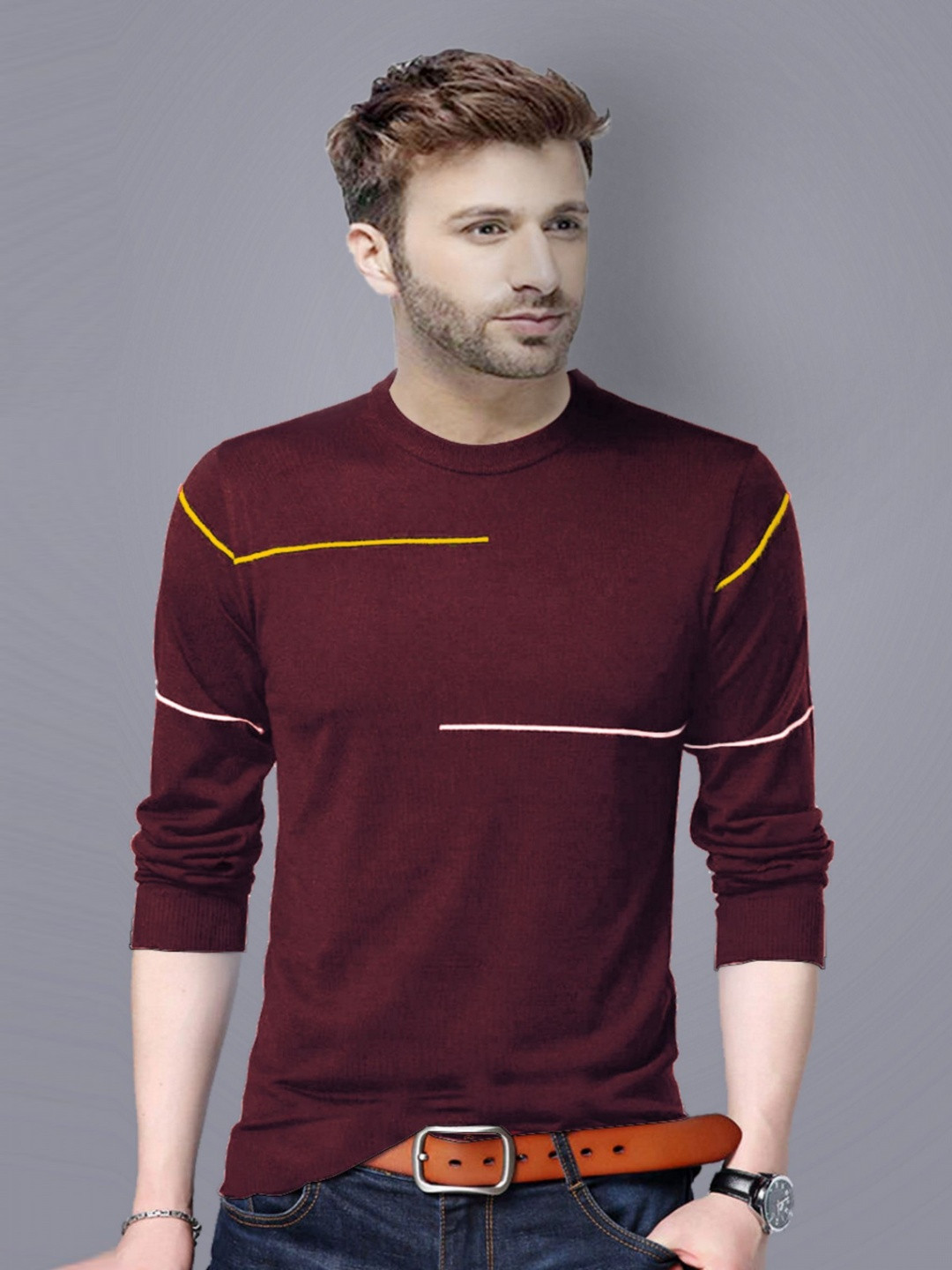 REYA Men Striped Round Neck Cotton T-shirt