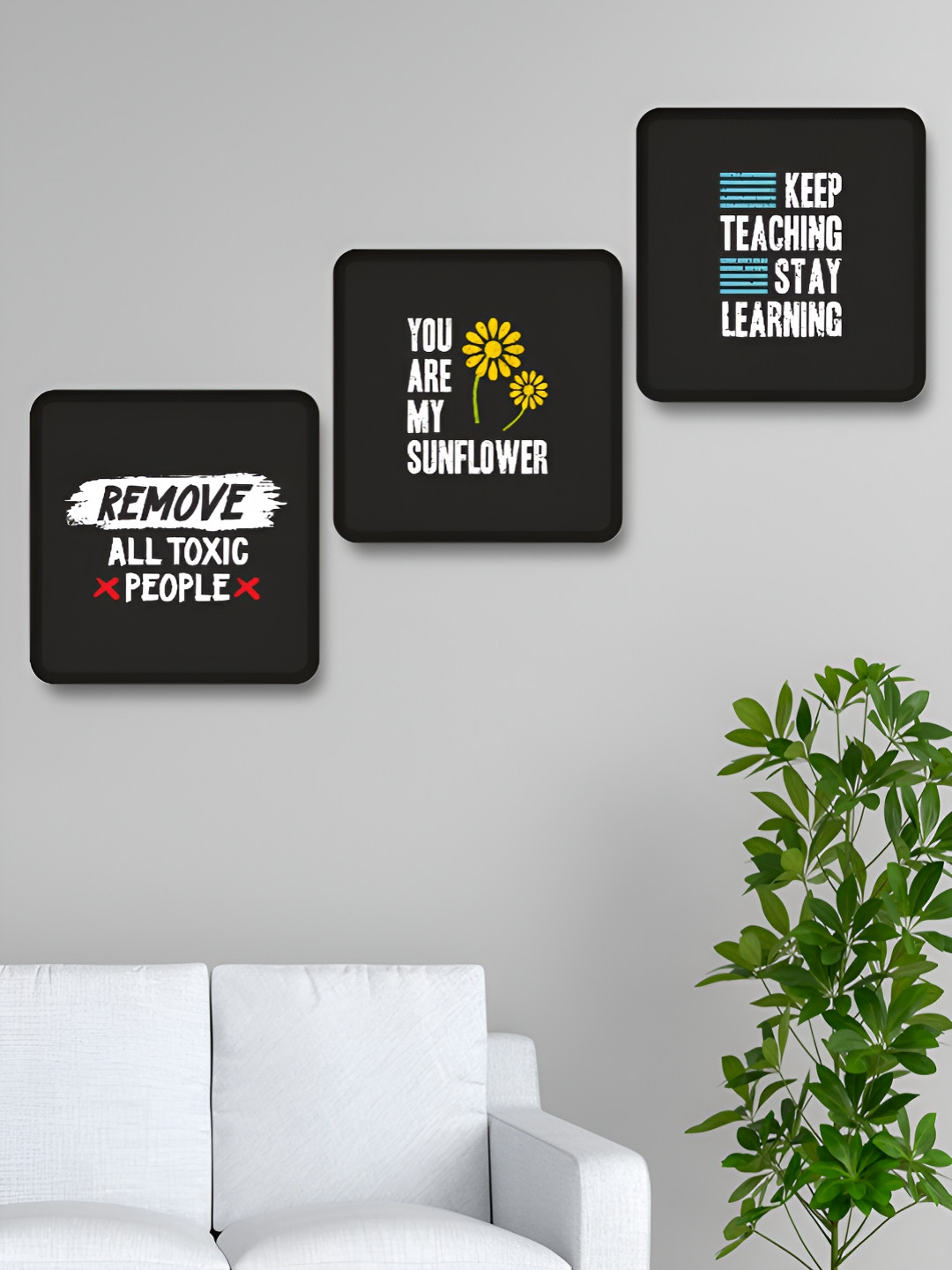 Aura Black & White 3 Pieces Abstract Printed Wood Motivational Quotes Wall Art