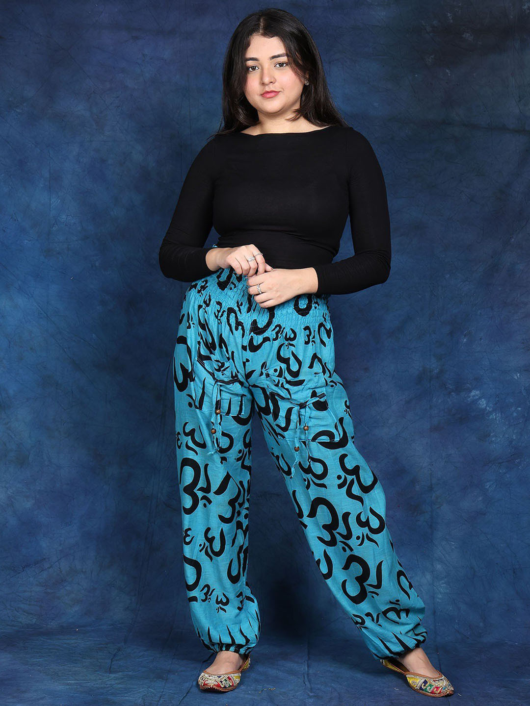 Exotic India Women Ethnic Motifs Yoga Casual Pure Cotton Trousers with Printed Om