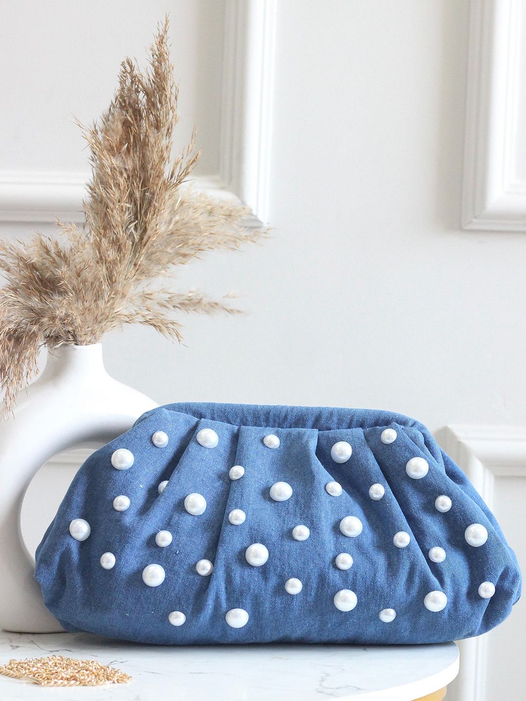 BOXWISH BY BHUMIKA Denim Pearls Embosed Embellished Purse Clutch