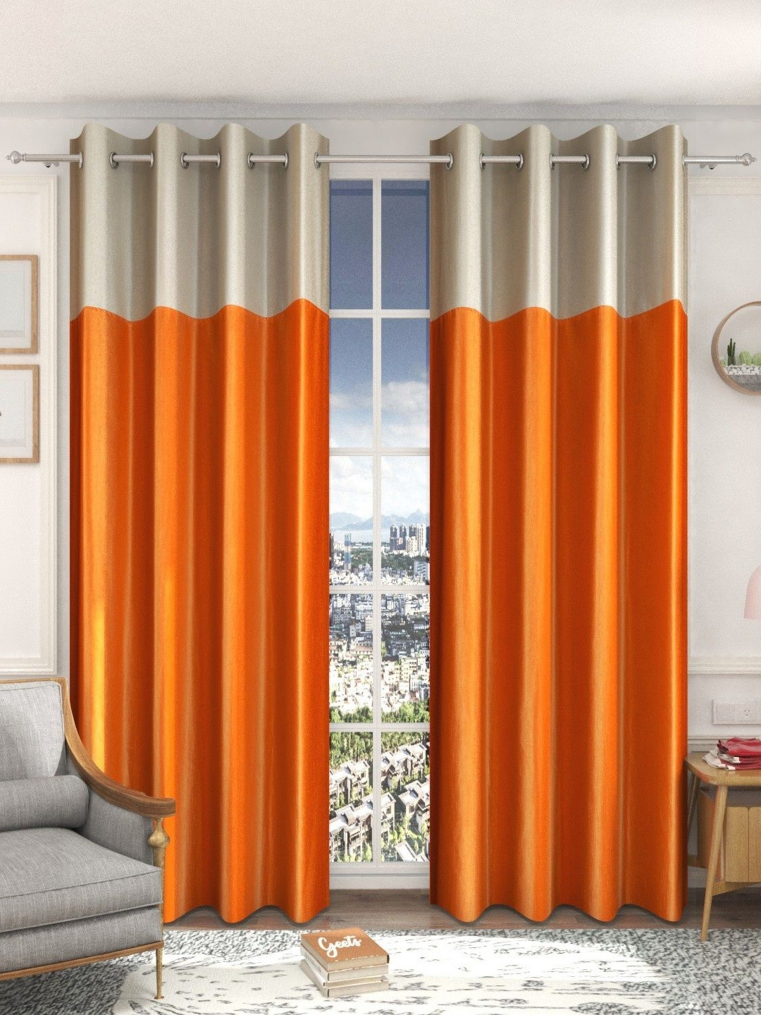 Galaxy Home Decor Orange & Cream 2 Pieces Light Blocking Long Door Curtains