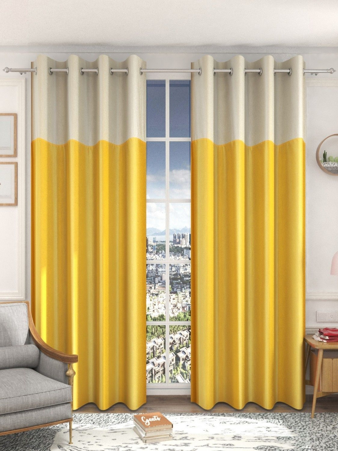 Galaxy Home Decor Yellow And Off White 2 Pieces Window Curtain