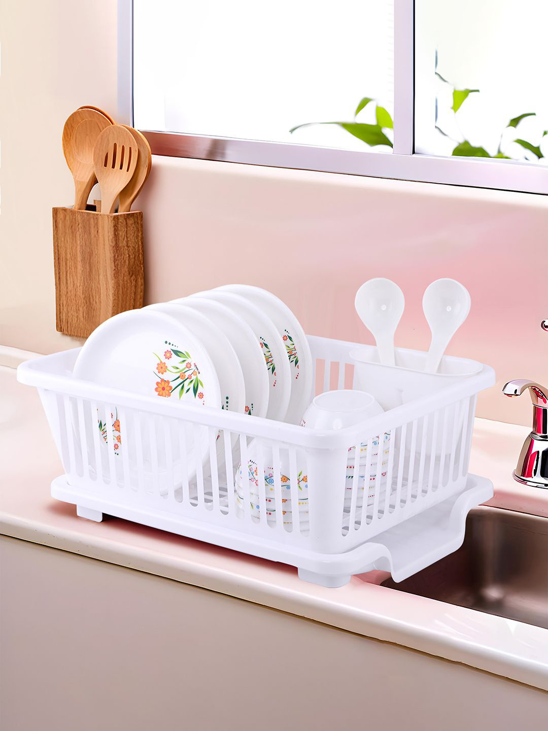 Kuber Industries Plastic Kitchen Dish Rack with Drainer Drying Rack white