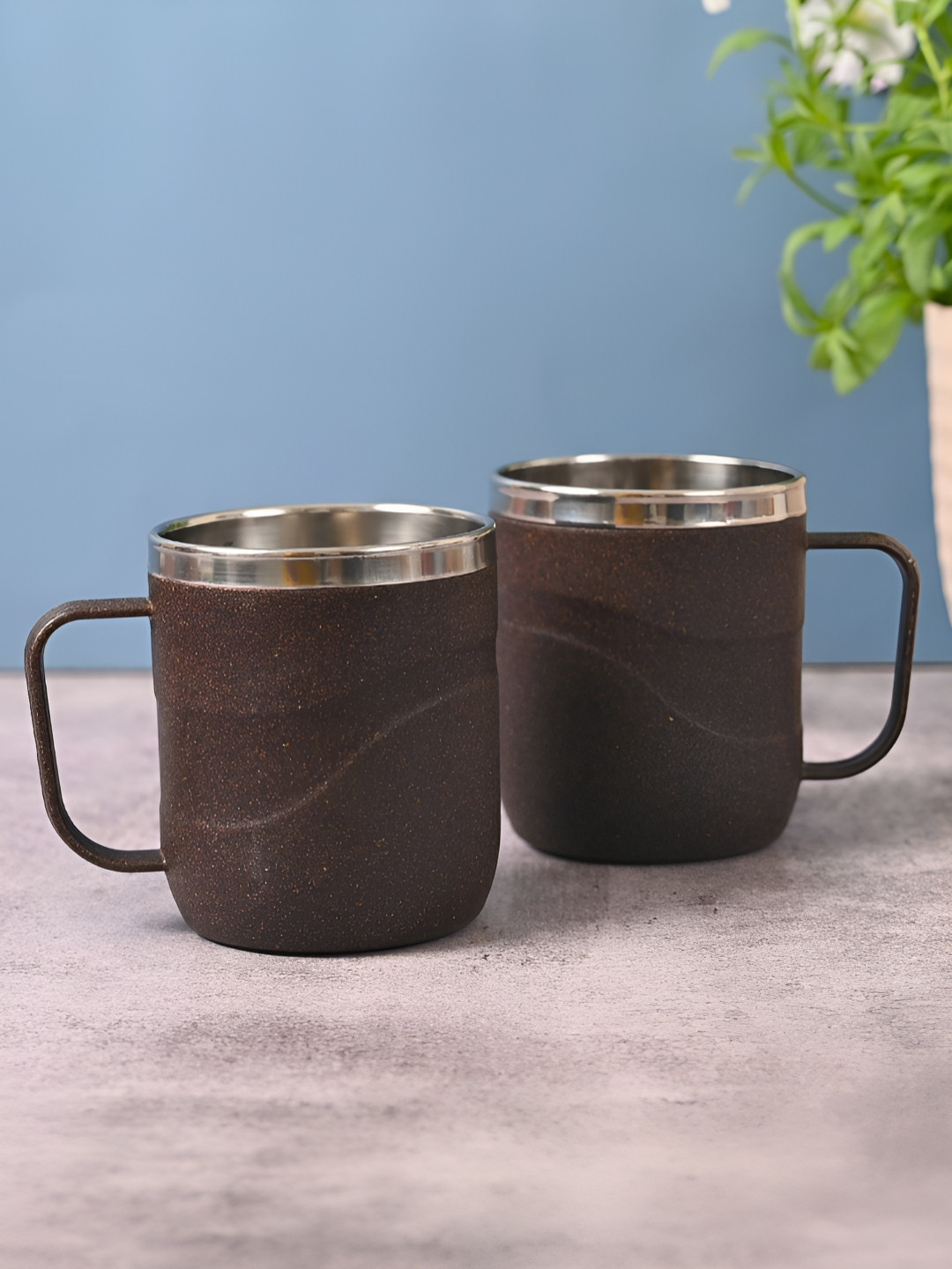 eha Coffee Brown Textured Plastic Dishwasher Safe 2 Piece Mugs-400ml