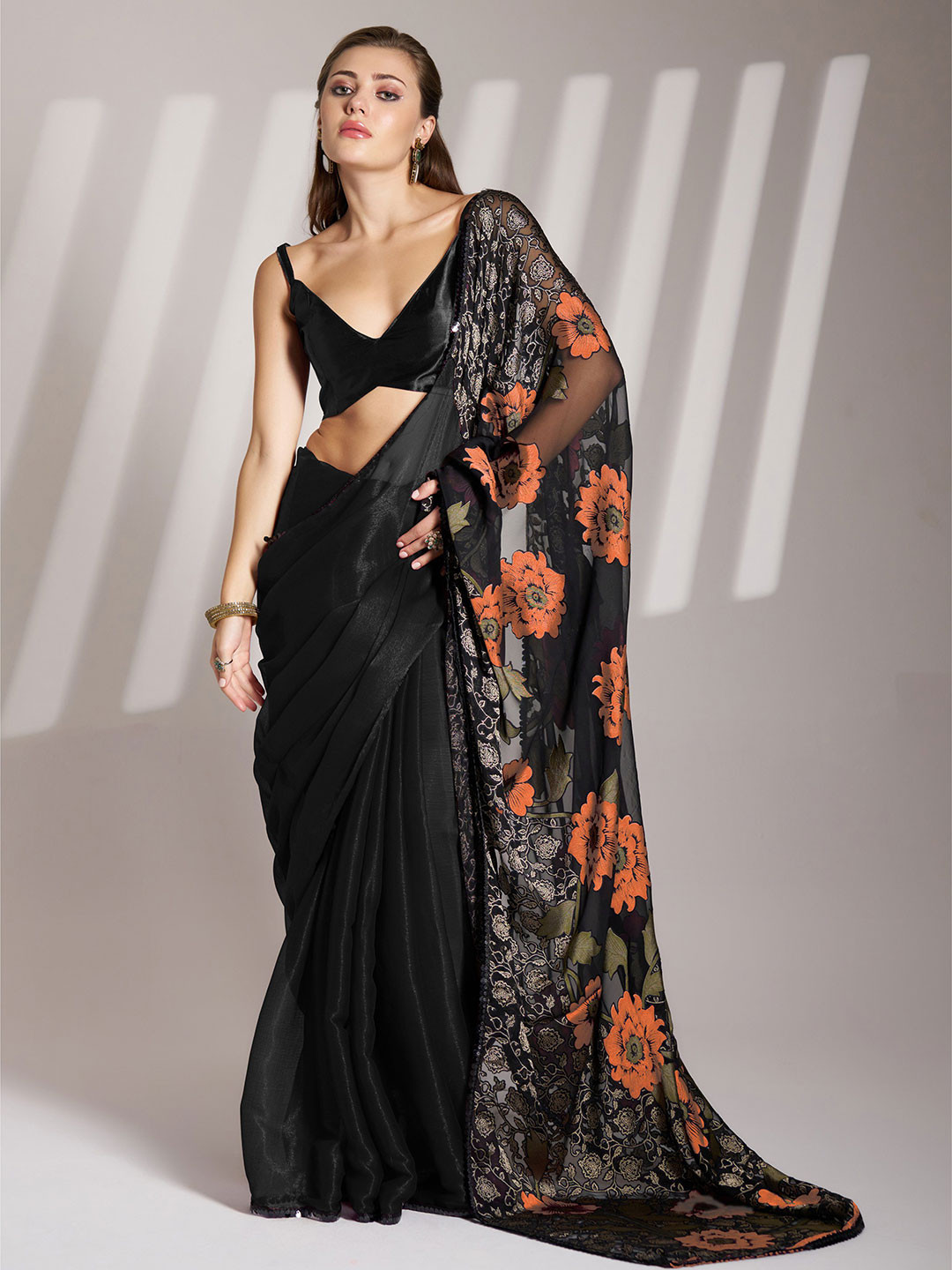 Kalista Floral Print Sequinned Chiffon Saree