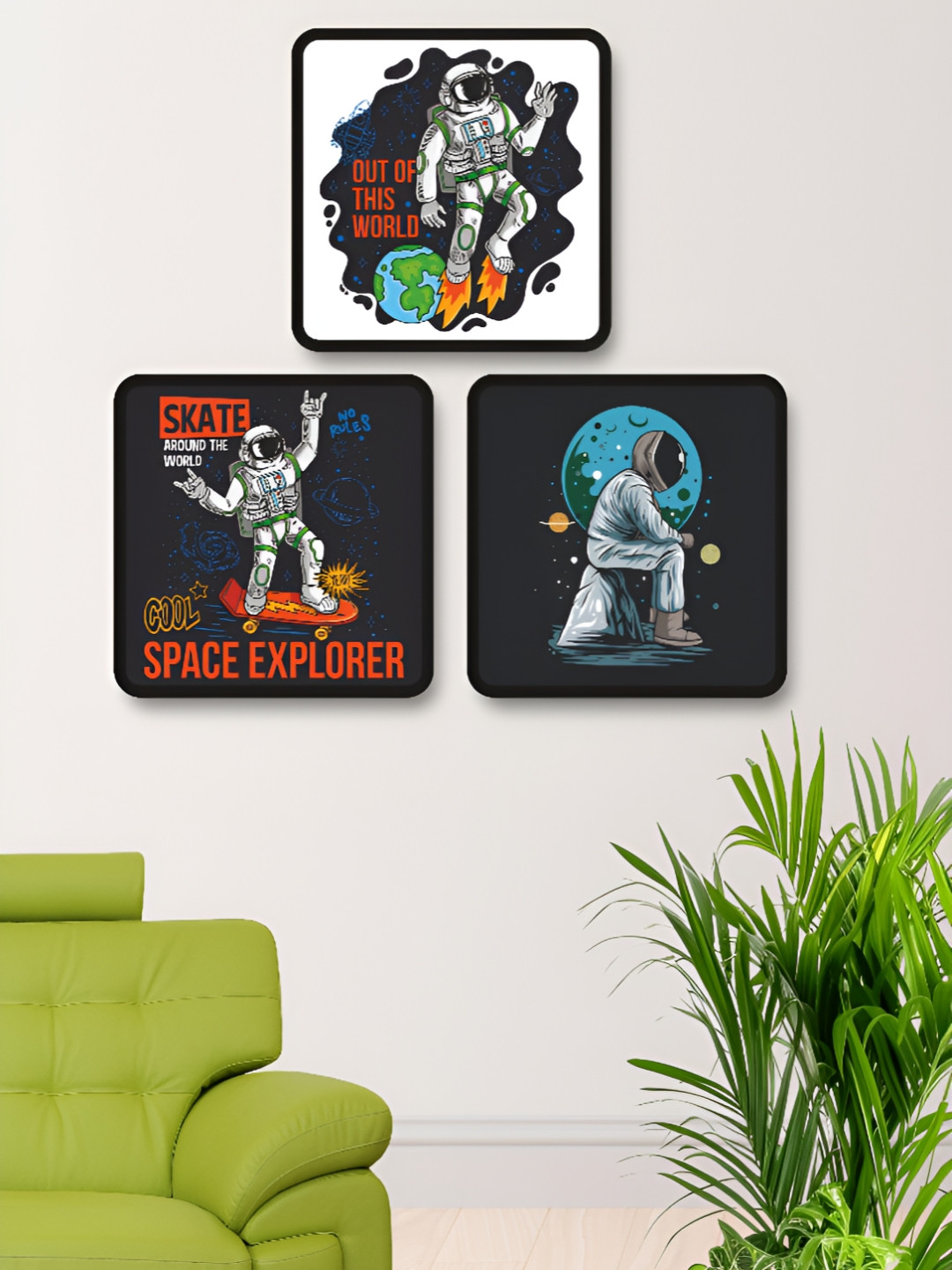 SAF Space Men Wood 3 Piece Square Paintings Wall Art-19 x 19In