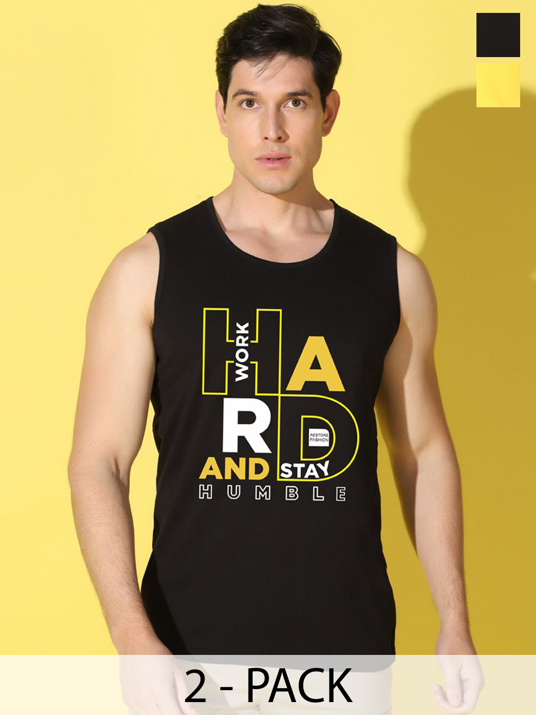 WOOSTRO Pack Of 2 Printed Combo Cotton Gym Vests VWS26(HARD BLACK)(RUN YELLOW)