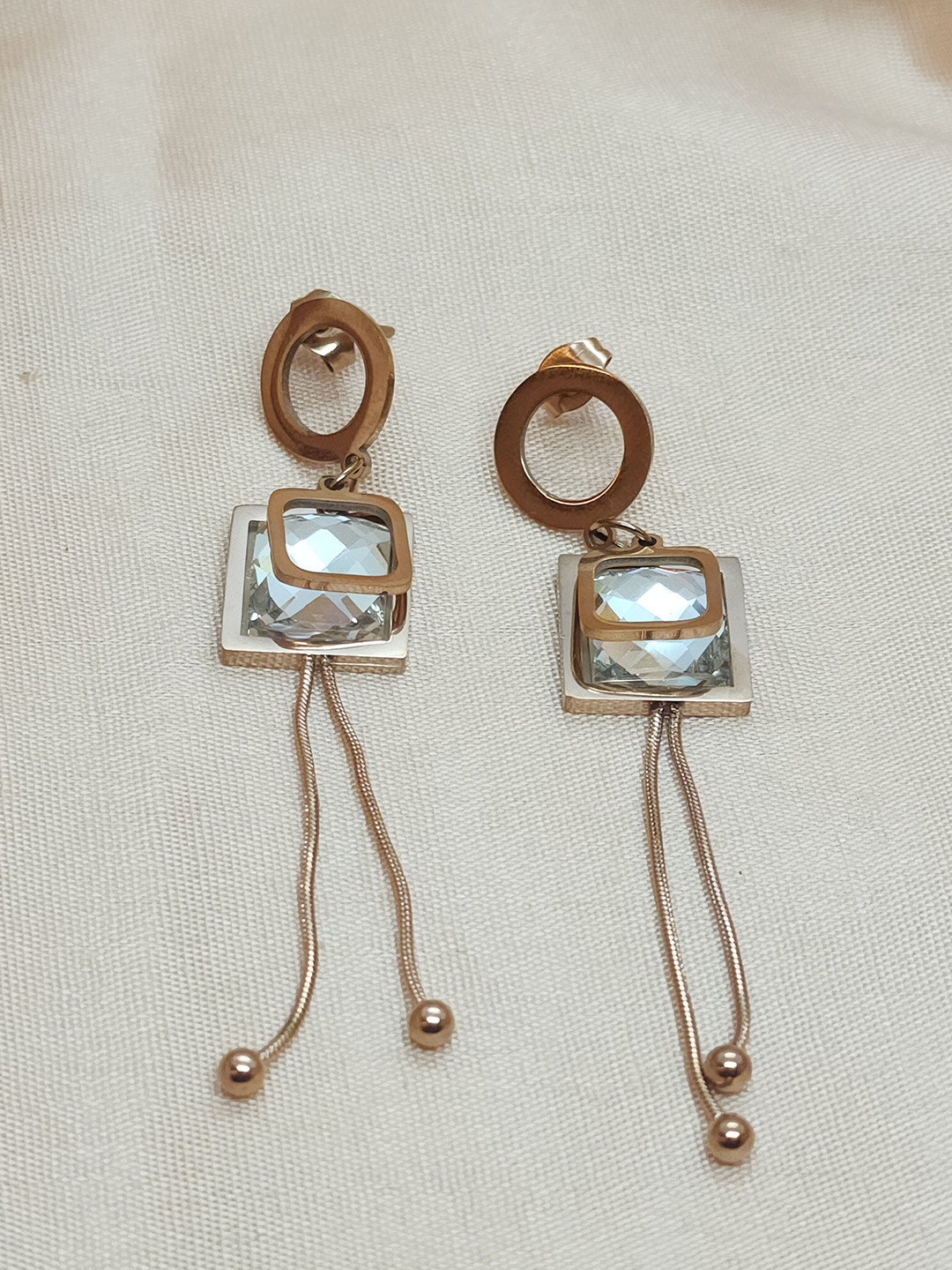 DressBerry Rose Gold-Plated Artificial Stone Studded Stainless Steel Dangler Drop Earrings