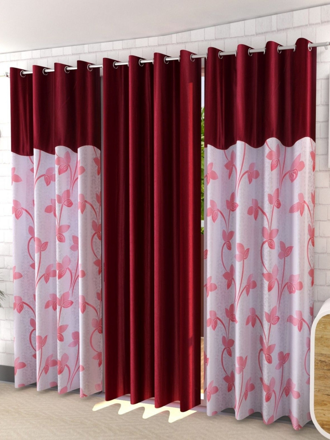 Galaxy Home Decor Maroon & White 3 Pieces Floral Printed Light Blocking Window Curtains