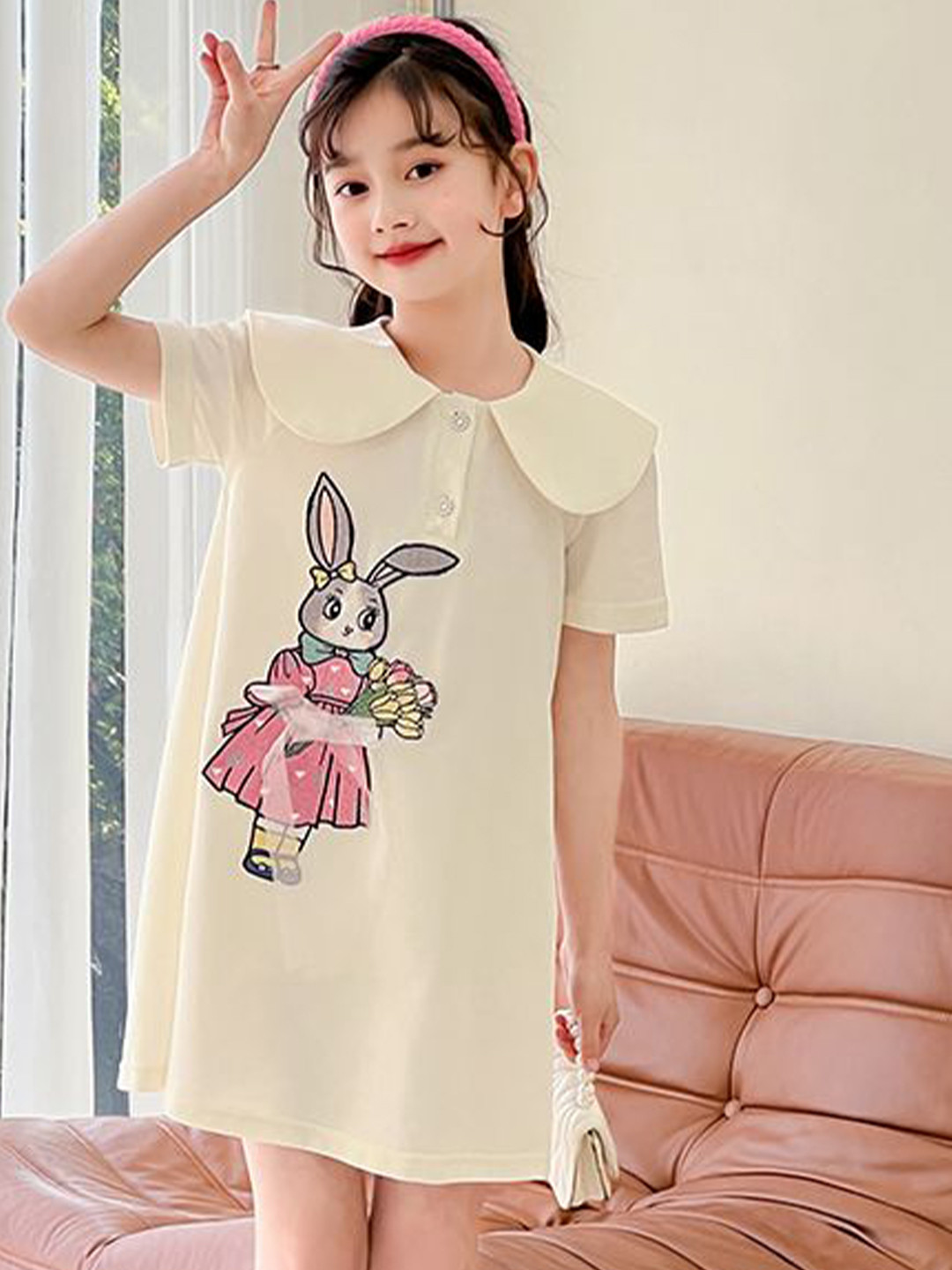 StyleCast x Revolte Girl's Graphic A-Line Peter Pan Collar Knee Length Dress With Applique