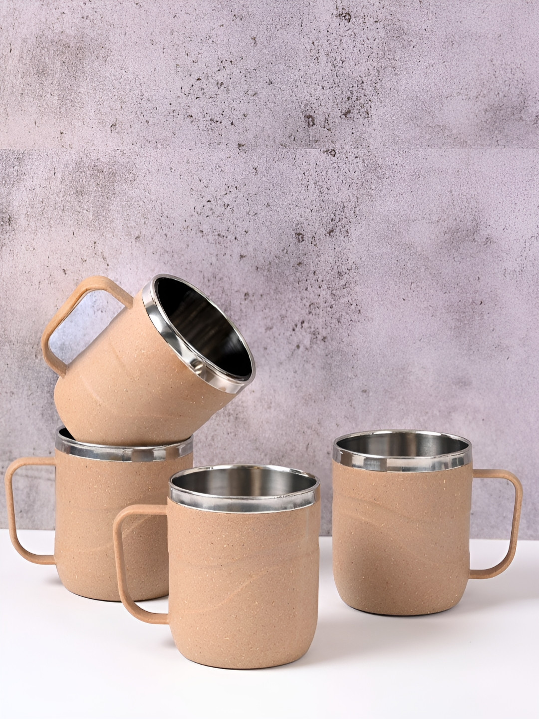 eha Begin Beige Textured Stainless Steel Dishwasher Safe 4 Piece Mugs-400ml
