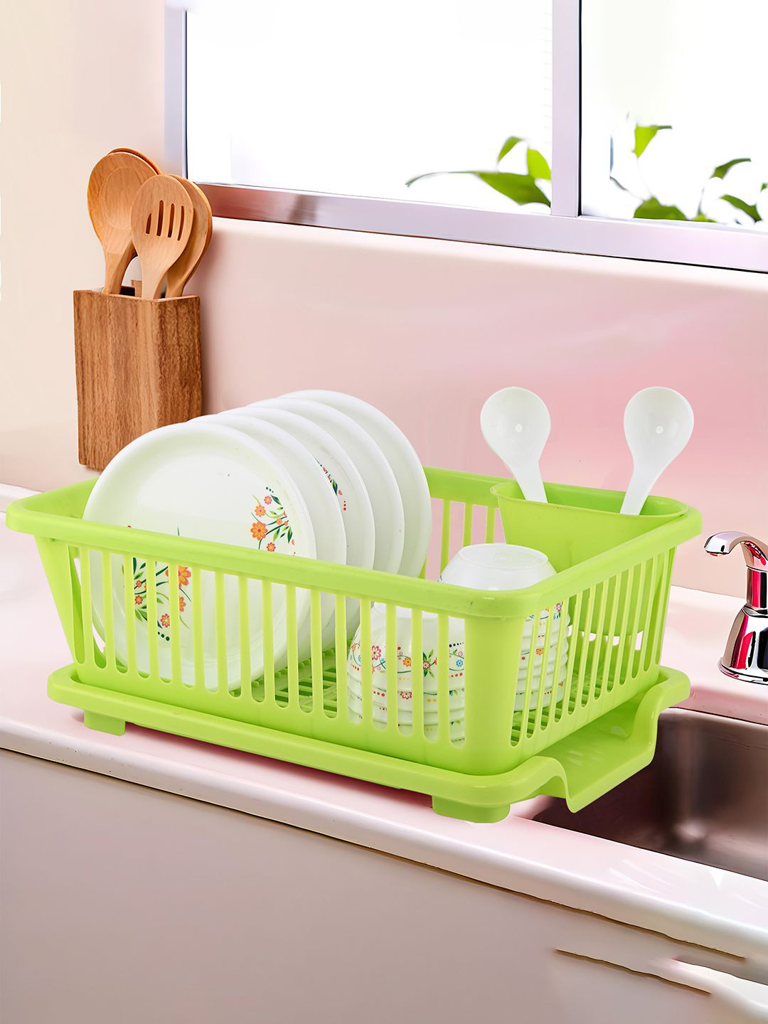 Kuber Industries White & Green 2 Pieces 3 in 1 Large Sink Dish Drainer Rack