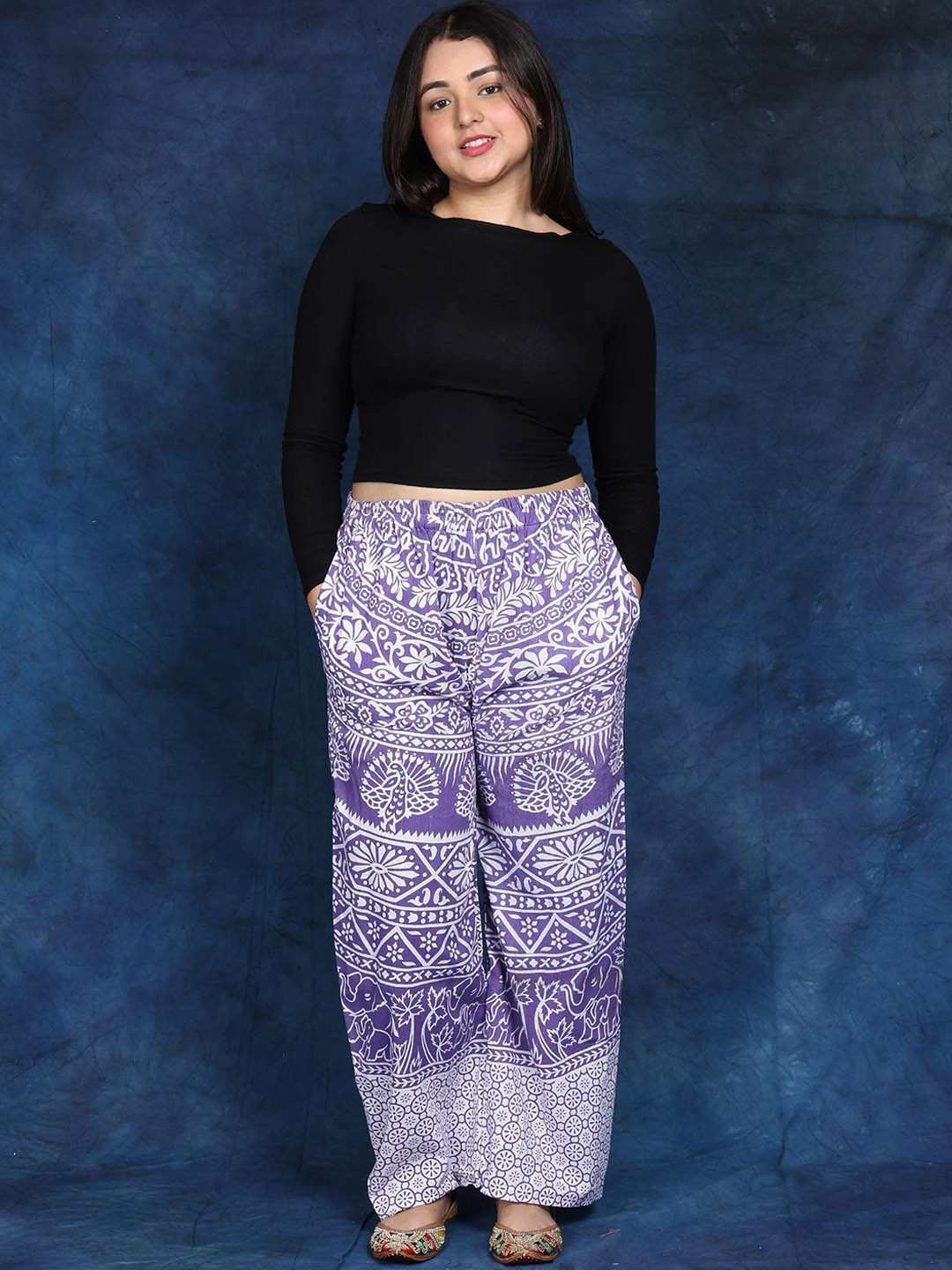 Exotic India Women Casual Trousers from Pilkhuwa with Printed Palm Trees