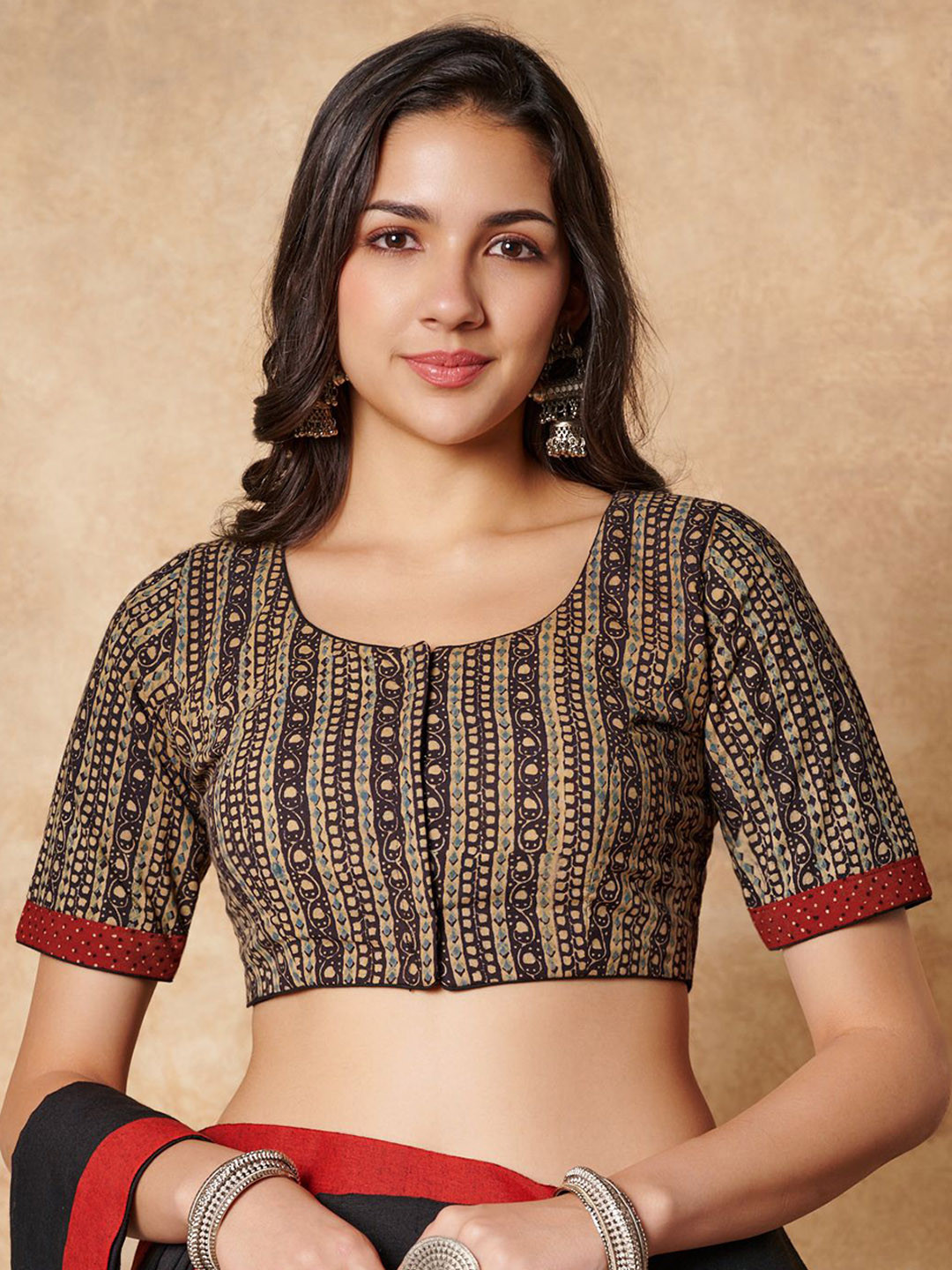SALWAR STUDIO Beige-Black Ajrakh Hand Block Printed Cotton Round Neck Readymade Blouse