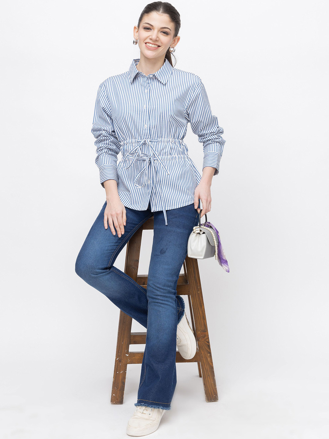 7OUNCE Women Regular Fit Vertical Striped Spread Collar Cotton Casual Shirt