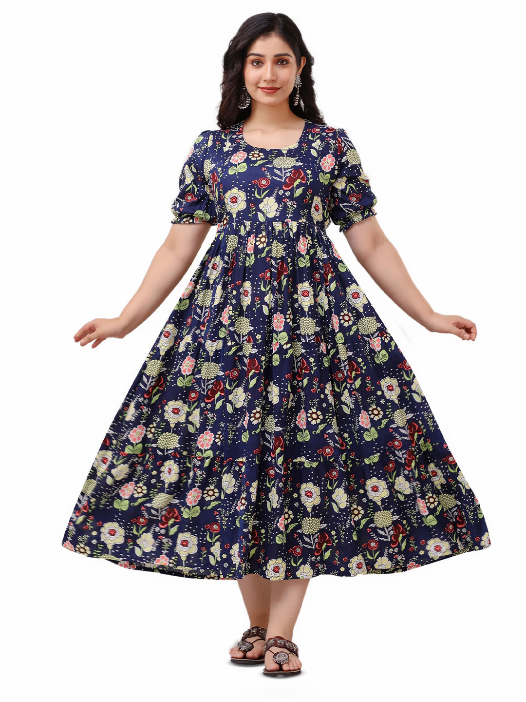 DEVEK Women Floral Printed Gathered or Pleated Maternity Fit & Flare Maxi Dress