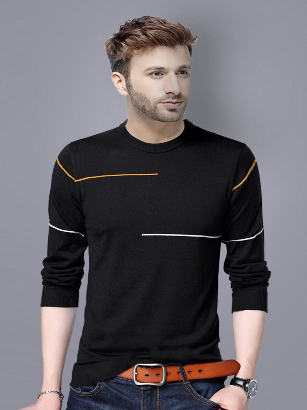 REYA Men Striped Round Neck Cotton Sweatshirt