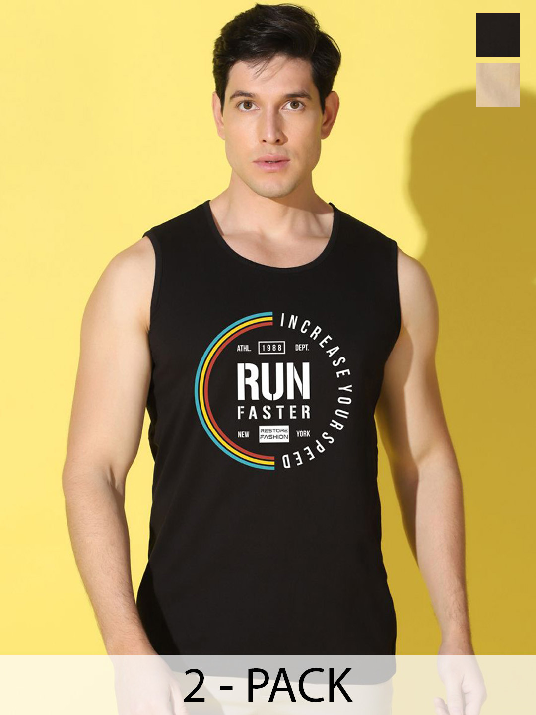 WOOSTRO Pack Of 2 Printed Super Combed Cotton Gym VestsVWS26(RUN BLACK)(MORE RUST)