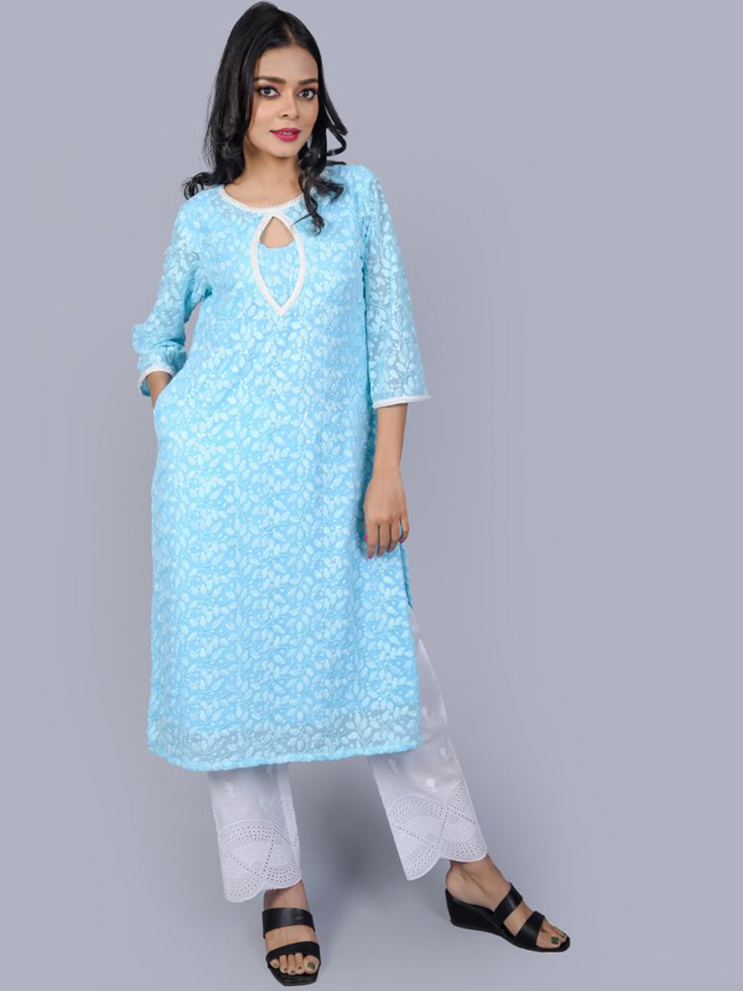 Mishy Women Sequinned Work Floral Georgette Key Hole Neck Kurta with Trousers