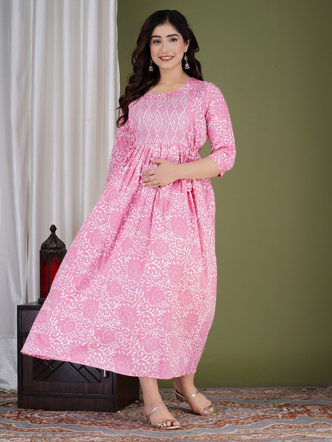 Tulsiram Floral Printed Cotton Tie-Ups Detail Maternity Maxi Dress
