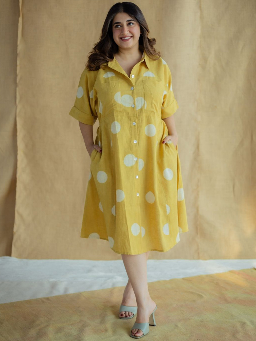 THE INDIAN ETHNIC CO Mustard A-Line Slub Cotton Dress