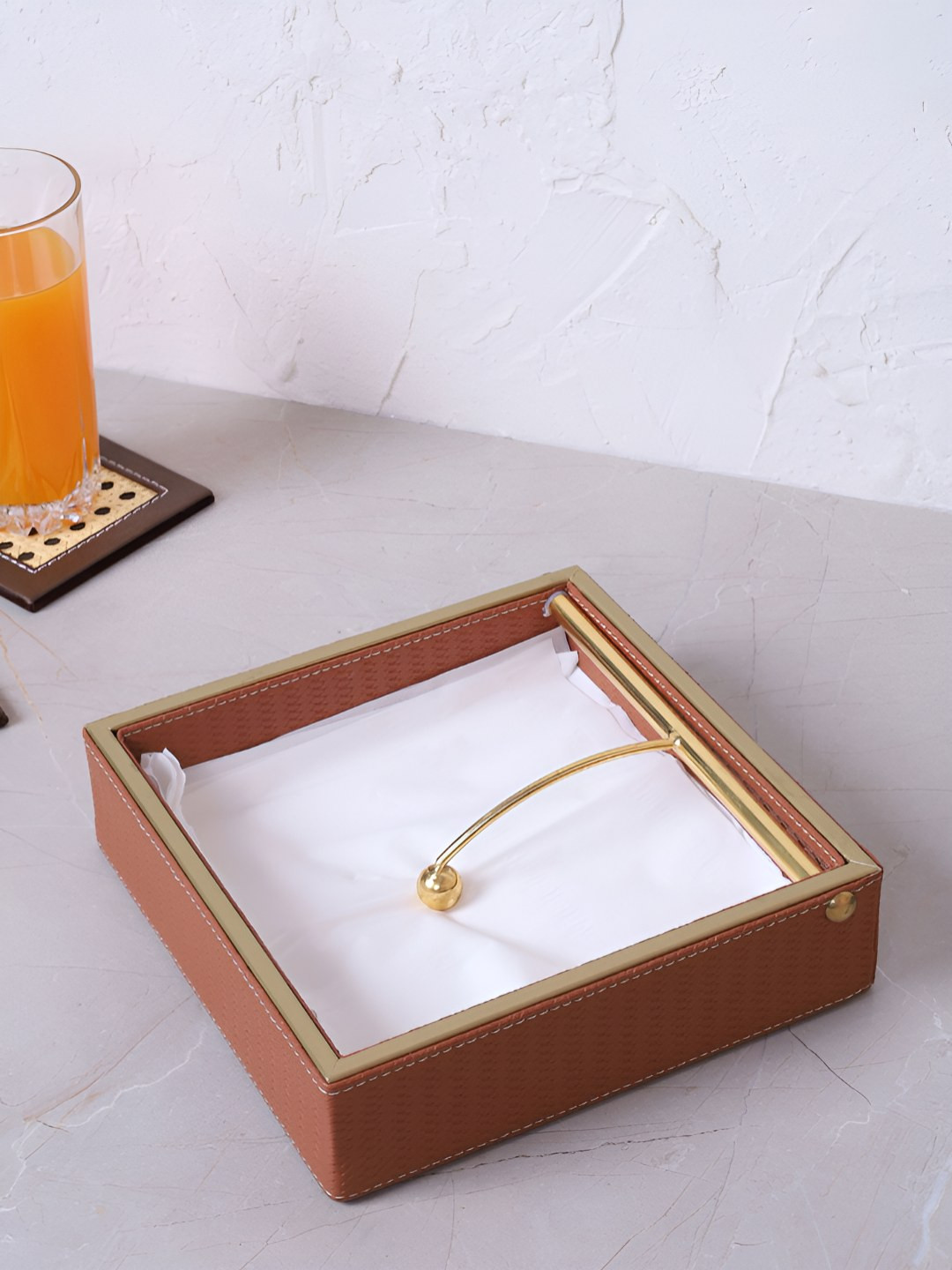 HOME 360 Tan & Gold-Toned Textured Leather Tissue Holder
