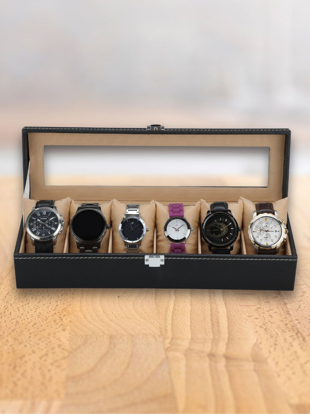 ZENWOOD Black & Beige 6 Slots Leather Watch Box Organizer