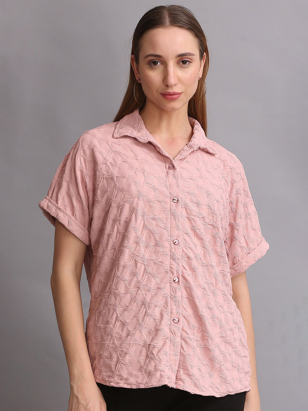 Thansmay Kleider Women Relaxed Fit Textured Spread Collar Casual Shirt