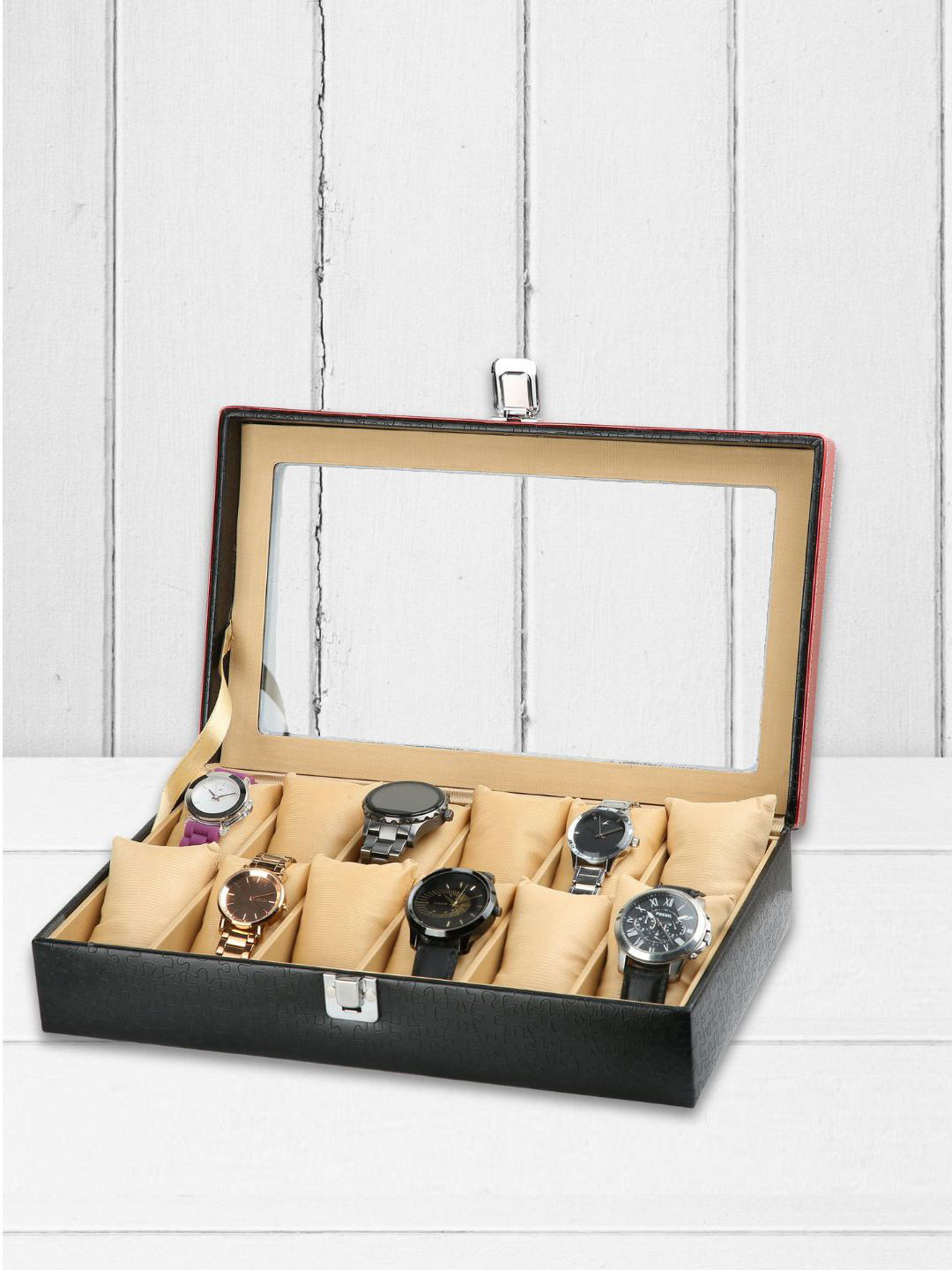 ZENWOOD Black And Red 12 Slots Leather Watch Organiser Box