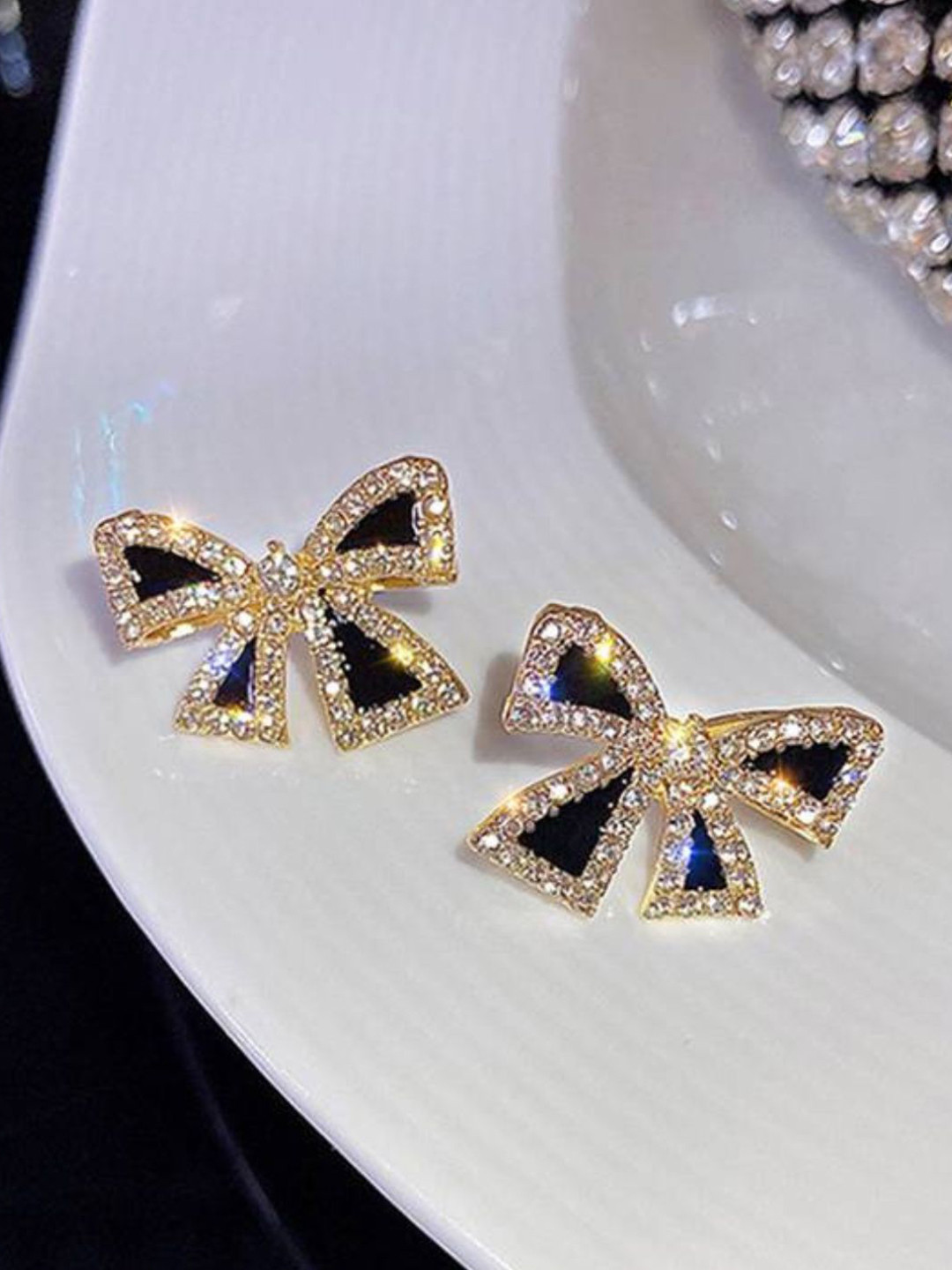 CareDone Gold-Plated Rhinestones Studded Bow Shaped Studs