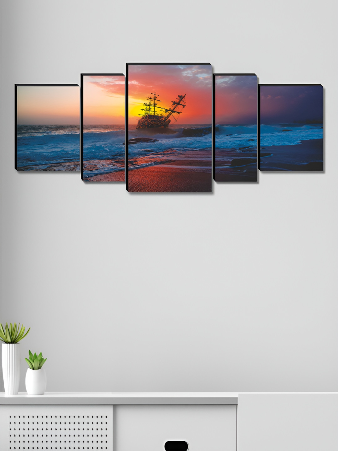 SAF Blue & Yellow 5 Piece Ship Canvas Wall Arts