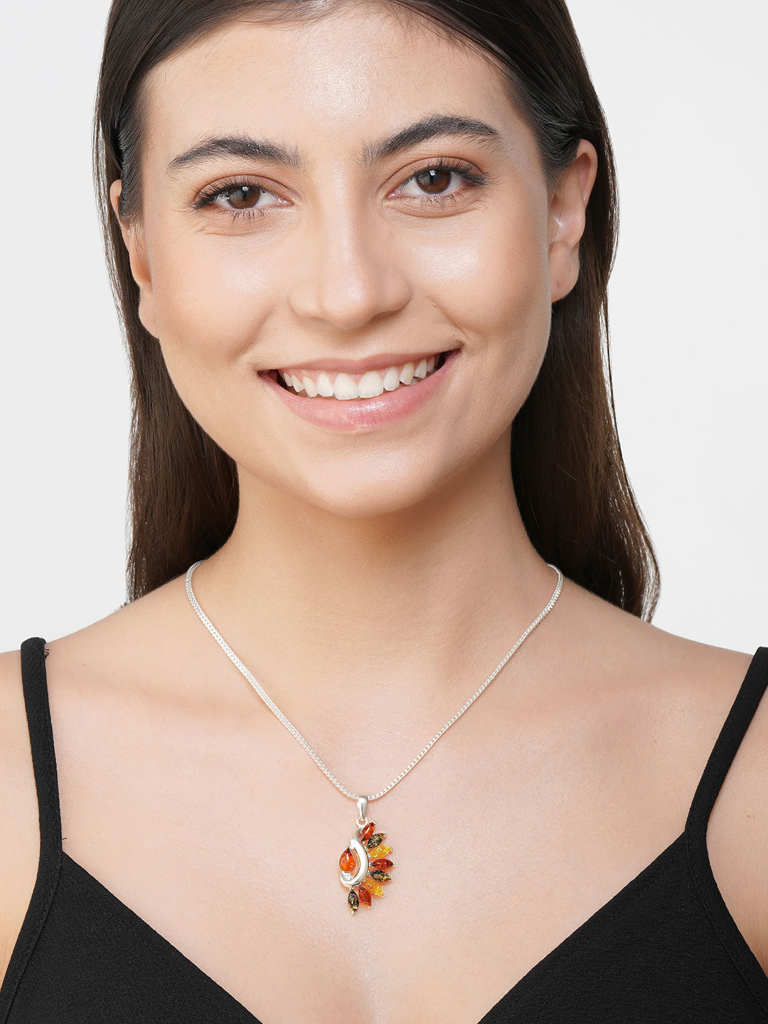 Asteri Shine On Sterling Silver Multicolor European Baltic Amber Crescent Arc Pendant