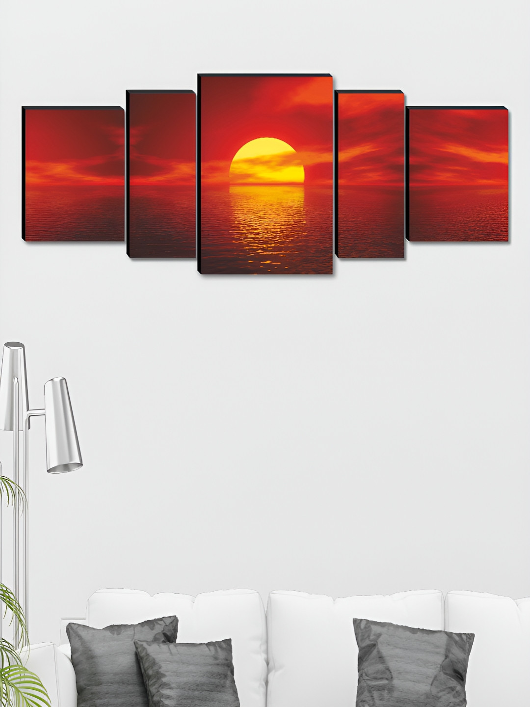SAF Red & Yellow 5 Pieces Rising Sun Wooden Wall Arts