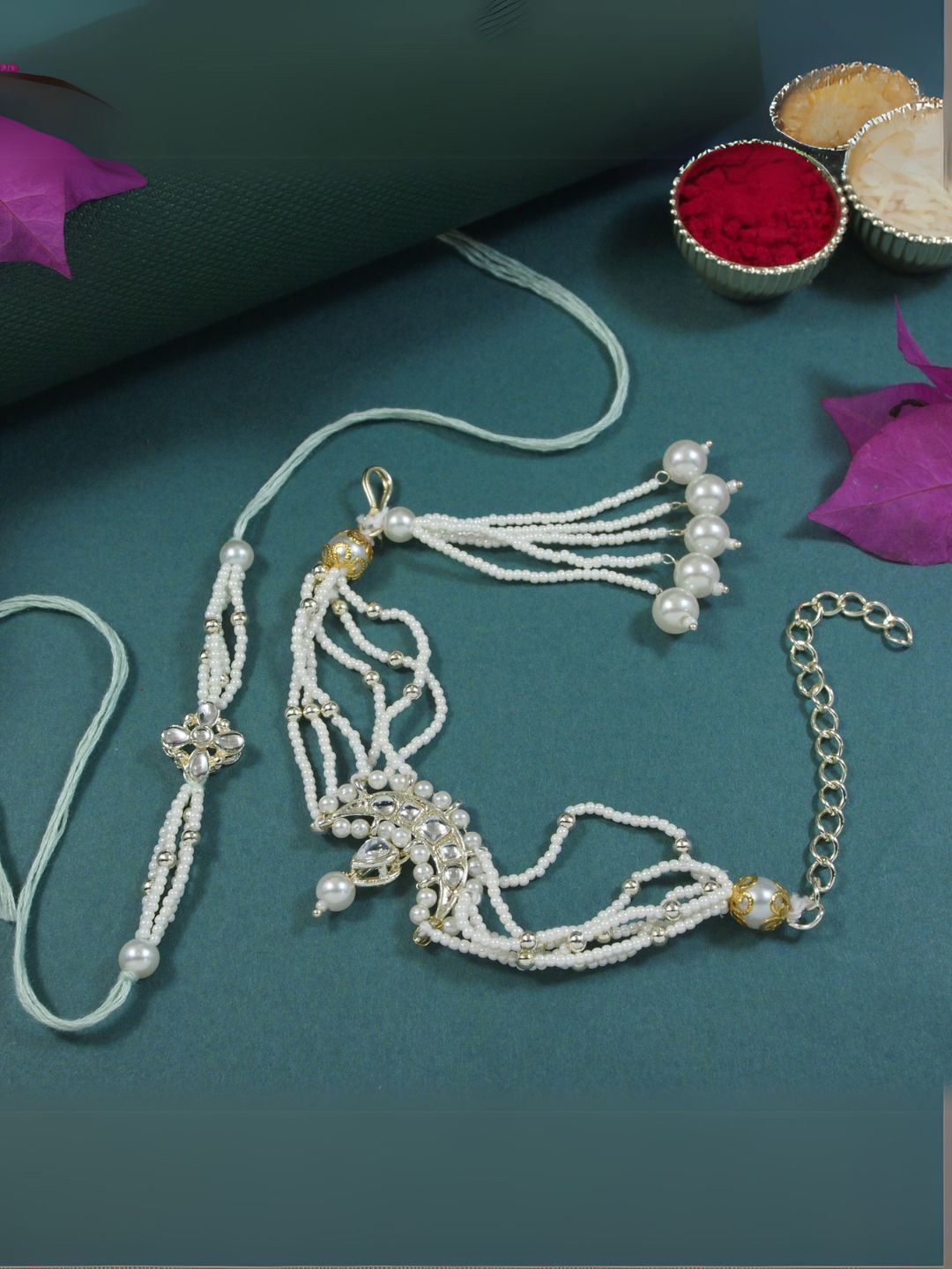 I Jewels White 2 Pieces Kundan & Pearls Bhaiya Bhabhi Lumba Bracelet Rakhi Combo Set