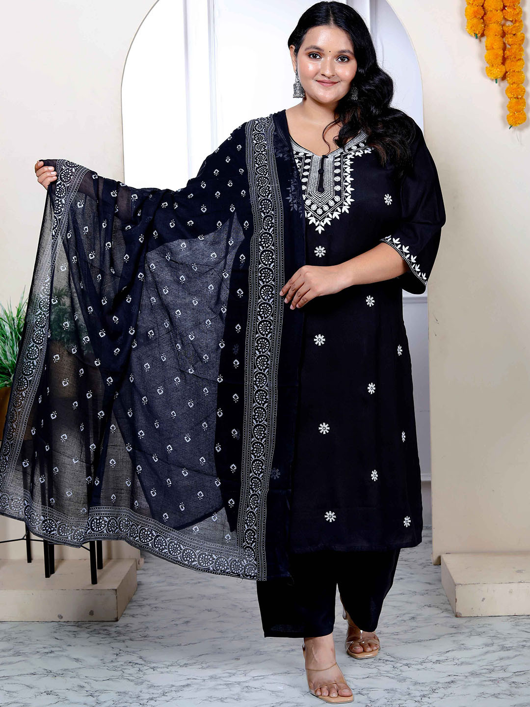 Doriyaan Plus Size Floral Embroidered Thread Work Kurta With Palazzos And Dupatta