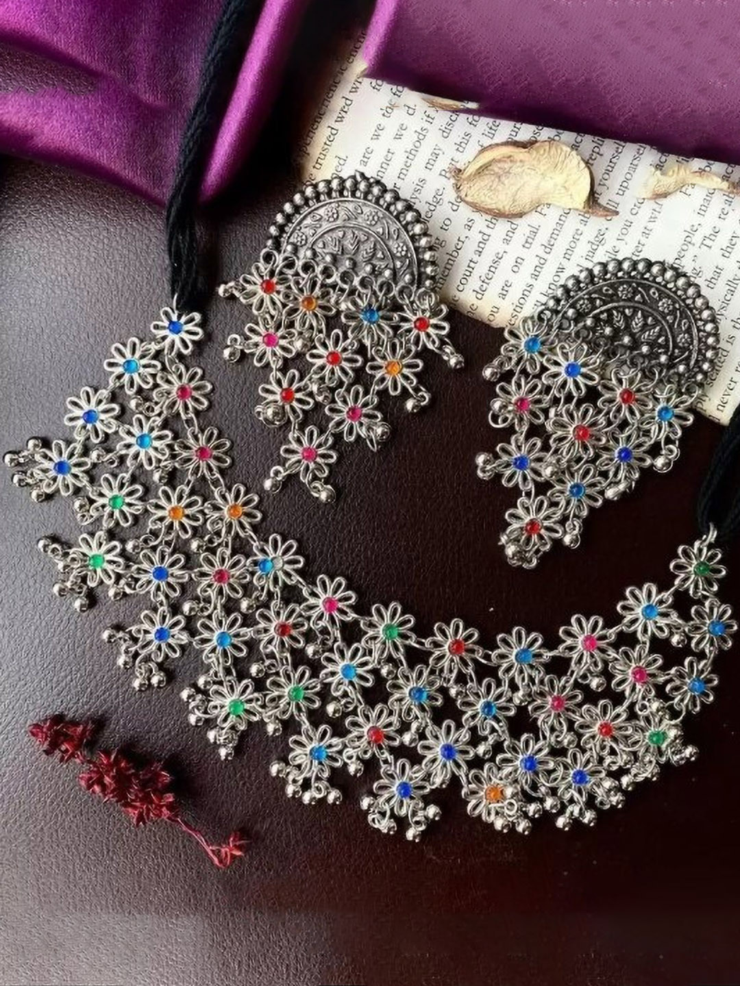 SZN Artificial Stone Studded Oxidised Flower Shaped Jewellery Set